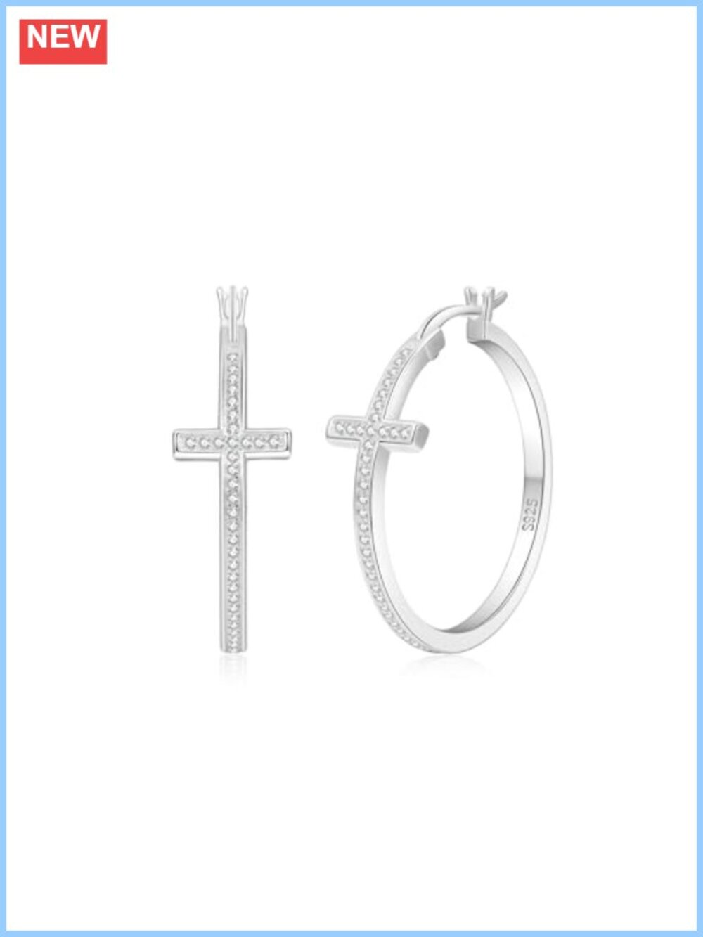 Sterling Silver Cross Hoop Earrings Cubic Zirconia Rhinestone Latch Back